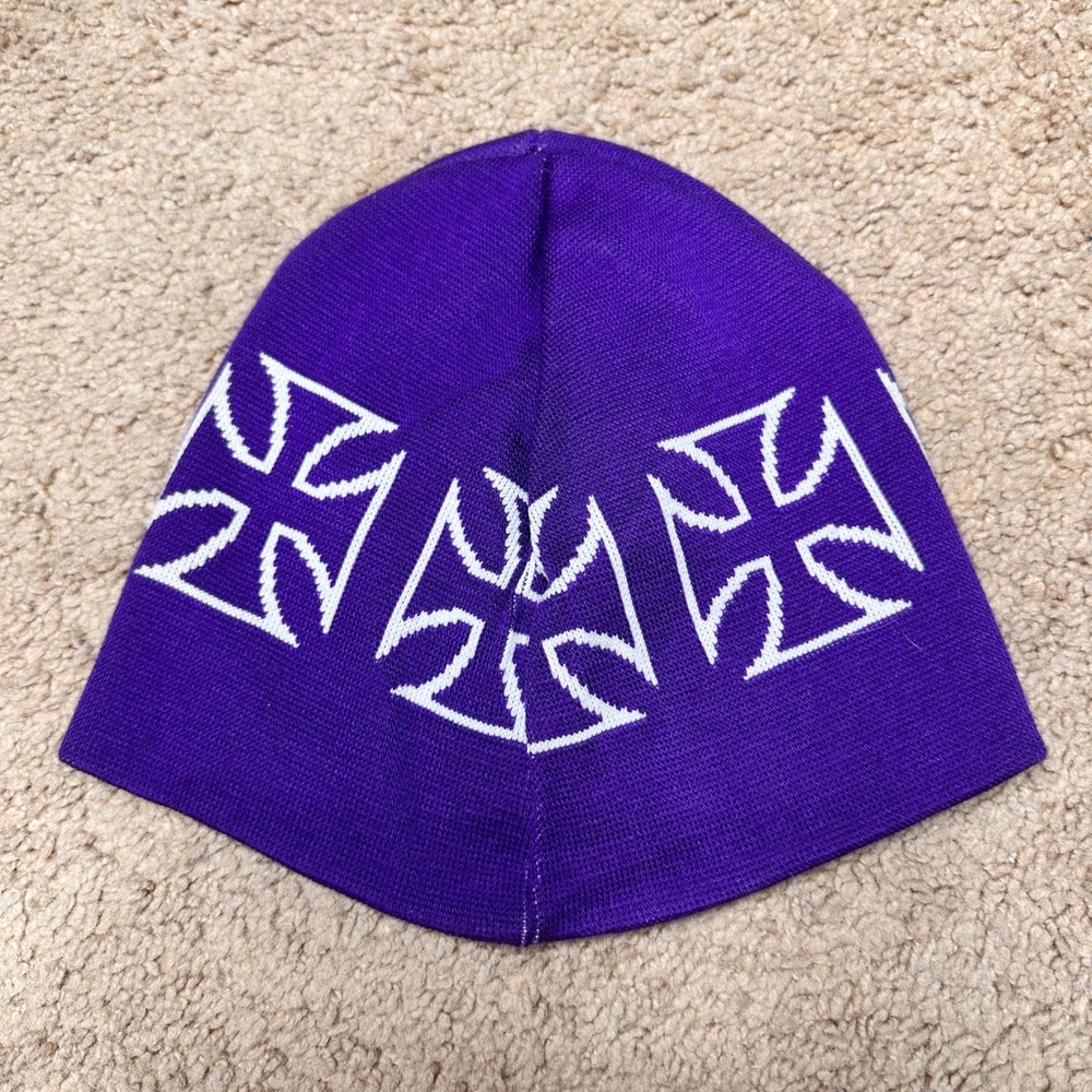 West Coast Choppers Purple Iron Cross Knit Beanie Hat Made in USA Y2K Biker Moto - Picture 2 of 7